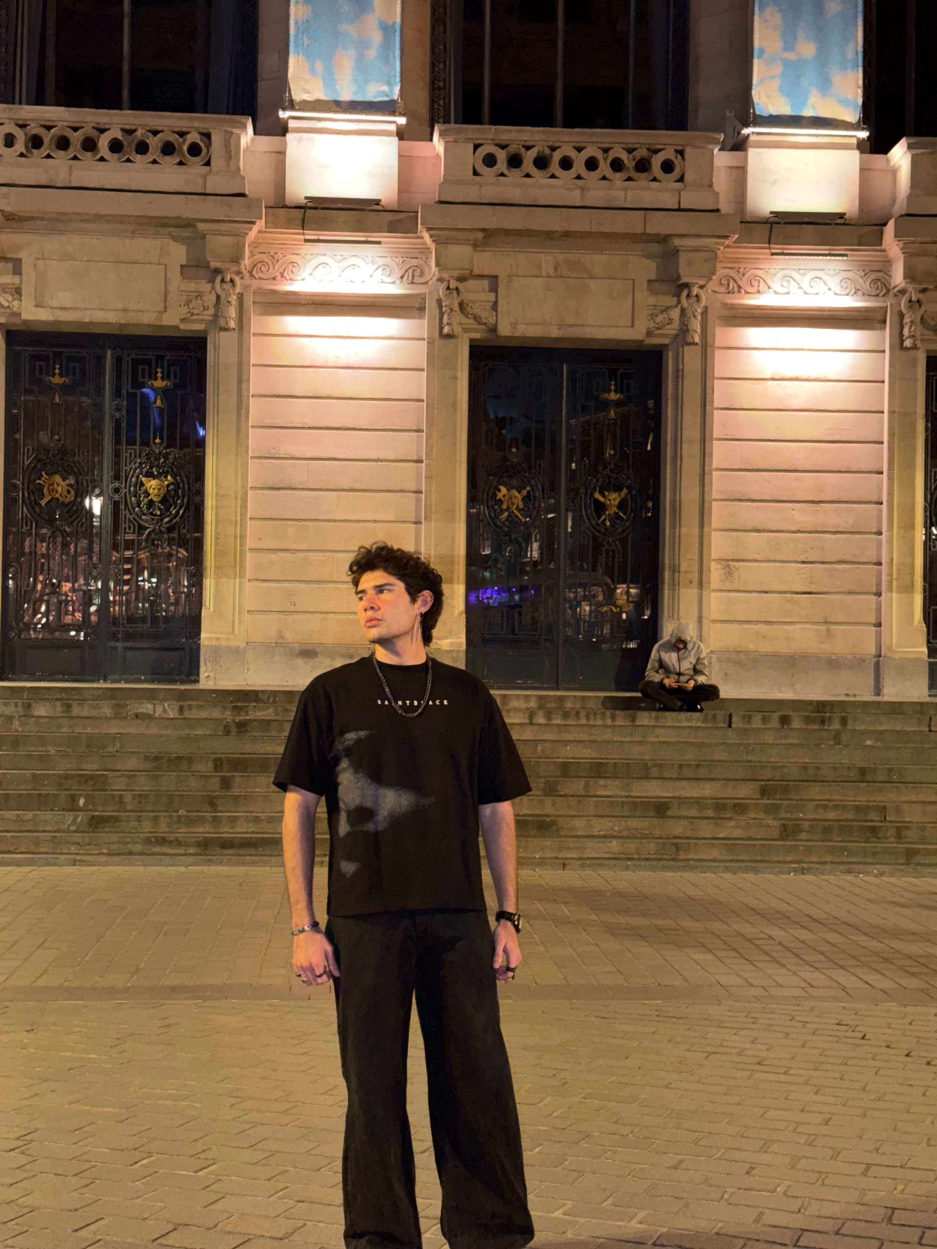 SAINTBLACK Outfit 02 — Blurred Echo Tee + Ash Black Jeans